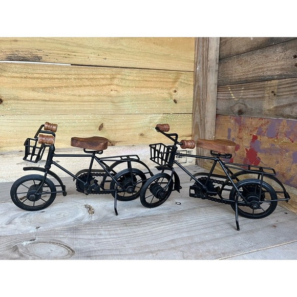 Vintage‎ Metal Bicycle Bike with Wood Seat and Handles Tabletop Décor Set Of 2 - Picture 1 of 9